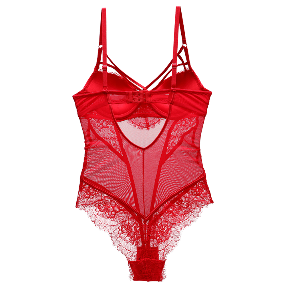 Bodysuit Women Push Up Red Strappy Cup Eyelash Lace Floral Pattern Padded Underwire Lingerie Women Shapewear High Quality