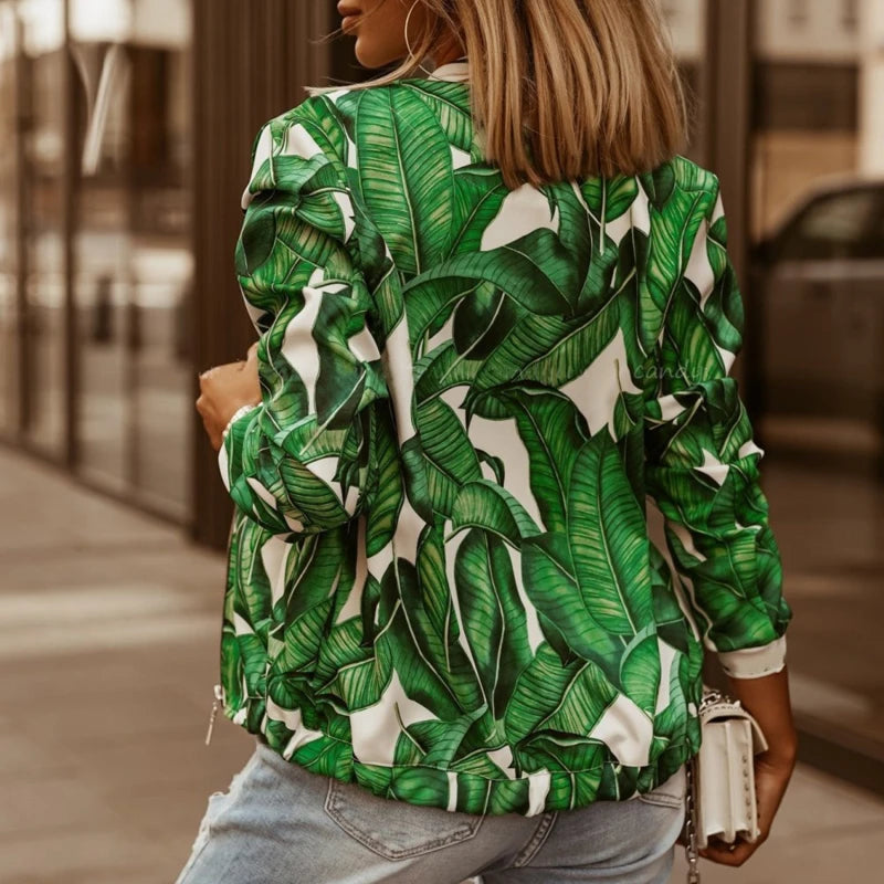 Flower Print Long Sleeve Women's Bomber Jacket Fashion Zipper Up Vintage Coat Tops Elegant Slim Basic Ladies Jackets