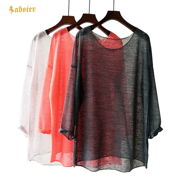 New Fashion women's Linen Cotton Loose Knitted Sweater Long Sleeve Blouses.