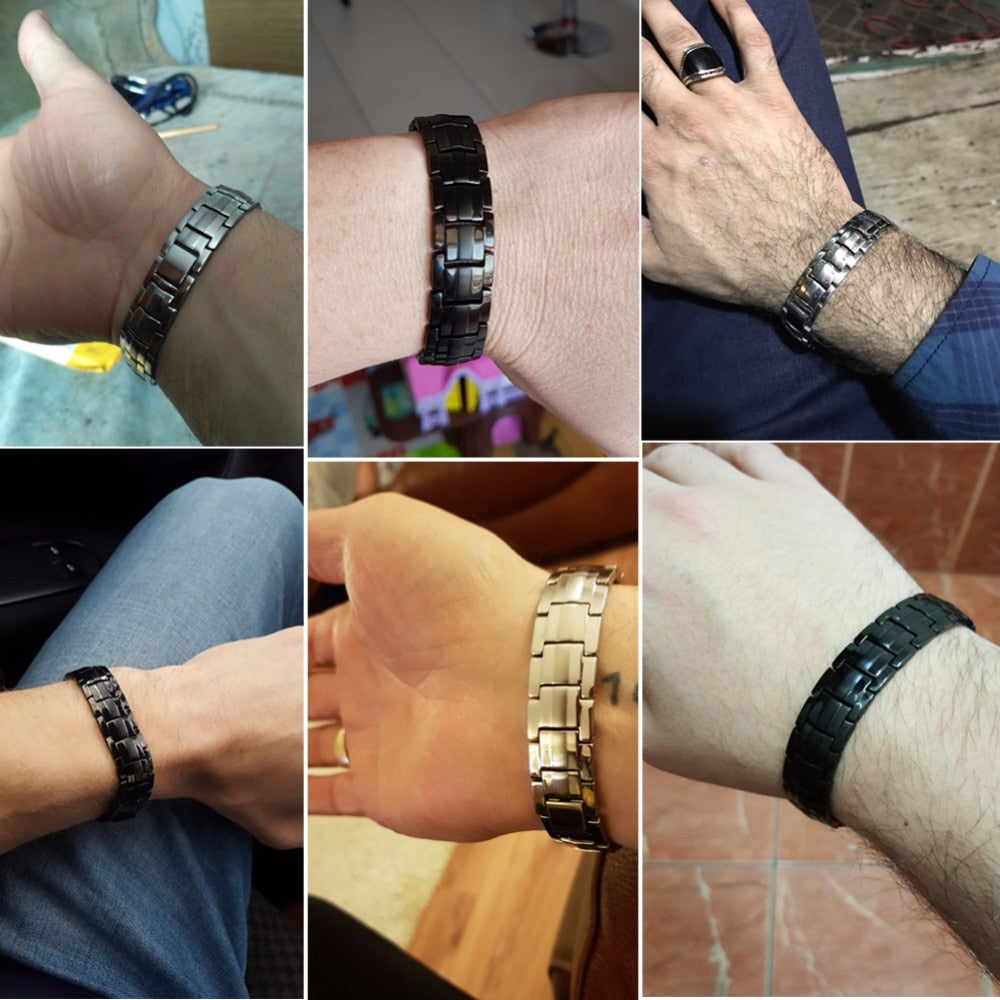 Vinterly Black Bracelet Men Hand Chain Link Energy Health Germanium Magnetic Bracelets Men Stainless Steel Jewelry Women Men