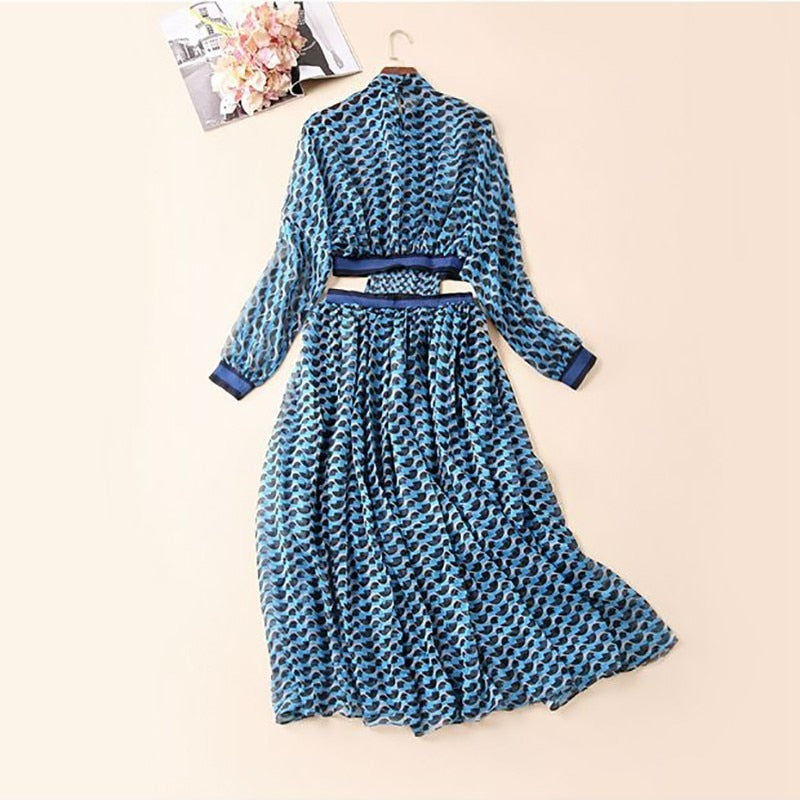 TWOTWINSTYLE Summer Print Dress For Women Stand Collar Long Sleeve High Waist Hollow Out Midi Dresses Female Fashion 2022 New