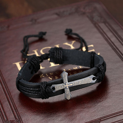 New Fashion Men Jewelry Vintage Leather Bracelets & Bangles Metal Cross Jesus Rope Bracelet Adjustable Wax Cord Brown Black