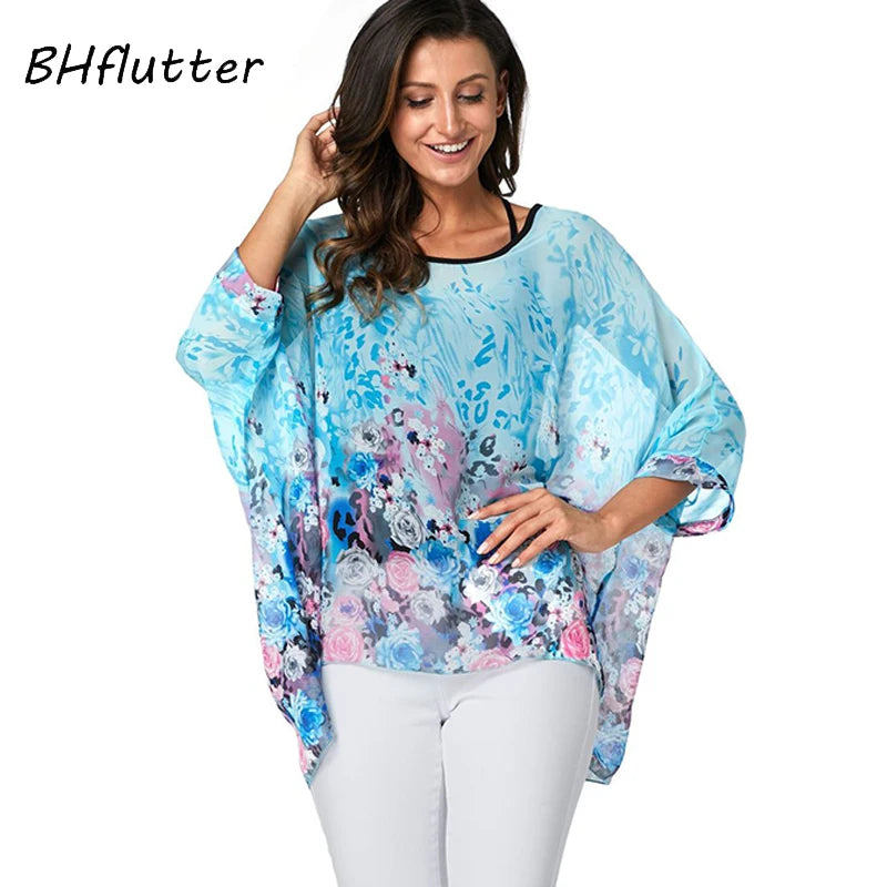 New Style, Floral Print Chiffon Blouse Shirt.