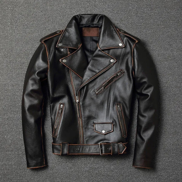 YR!Free shipping.sales.classic motor biker genuine leather jacket.slim cowhide coat.fashion vintage leather clothing.plus size