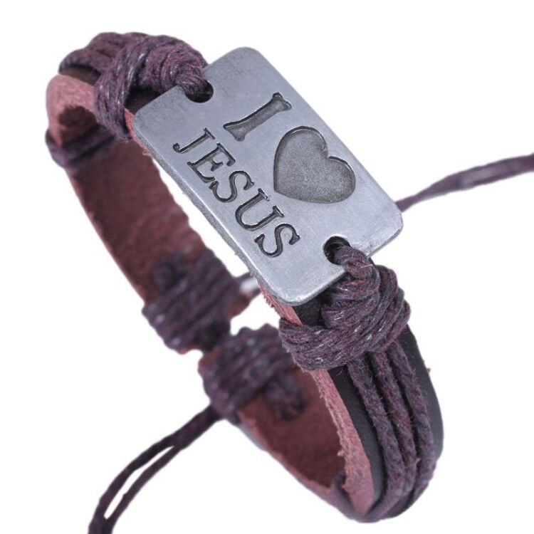 New Fashion Men Jewelry Vintage Leather Bracelets & Bangles Metal Cross Jesus Rope Bracelet Adjustable Wax Cord Brown Black