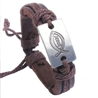 New Fashion Men Jewelry Vintage Leather Bracelets & Bangles Metal Cross Jesus Rope Bracelet Adjustable Wax Cord Brown Black