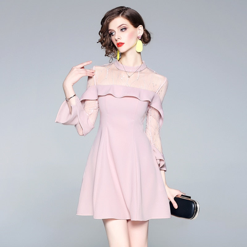 Spring and summer 2020 new women's mesh splicing Ruffle Dress celebrity perspective sheath dresses butterfly sleeve cloth