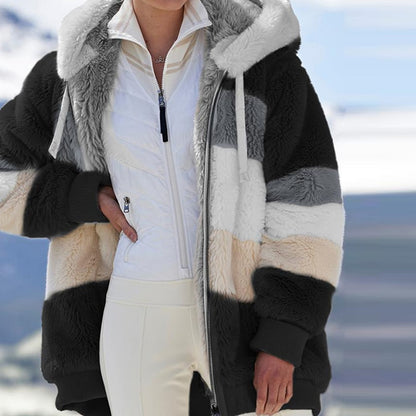 Winter Women Jacket Warm Plush Casual Loose Hooded Coat Mixed Color Patchwork Winter Outwear Faux Fur Zipper Ladies Parka Coat