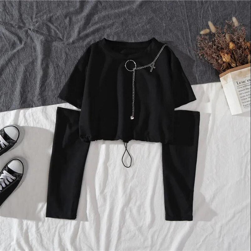 Spring Autumn Women Harajuku Cargo Pants Handsome Cool Two-piece Suit Chain Long Sleeve+Ribbon Pants