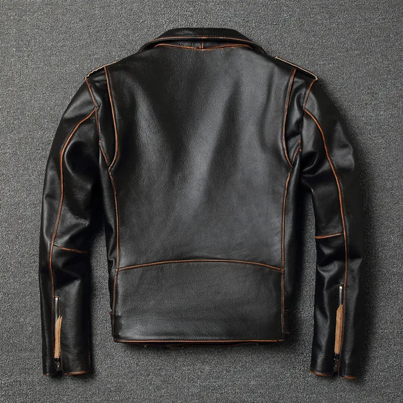 Classic motor biker genuine leather jacket.