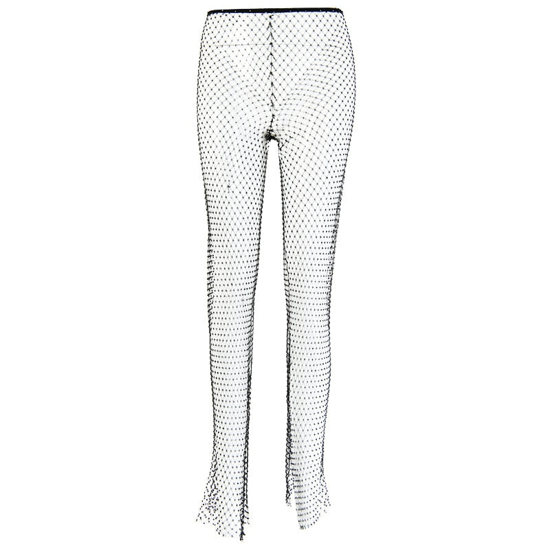 DIRTYLILY Crystal Diamond Shiny Women Pants Summer New Fashion Hollow Out Fishnet Wide Leg Trousers Sexy See Through Beach Pant