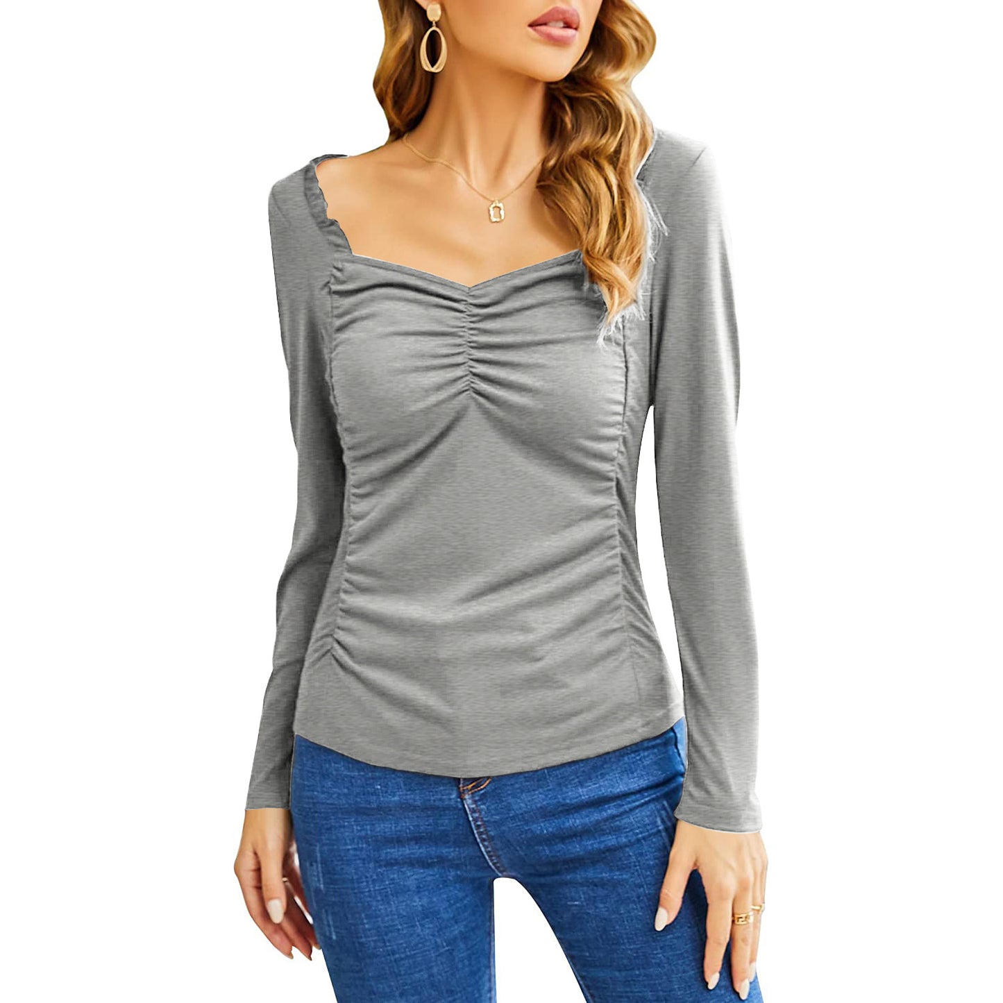Women's Fashion Casual Square Collar Pleated Slim-fit Long Sleeve