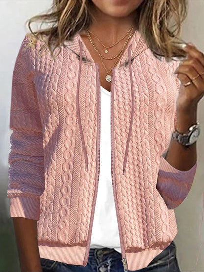 Solid Color Hooded Loose Zip Long Sleeve Sweaters Women's Clothing