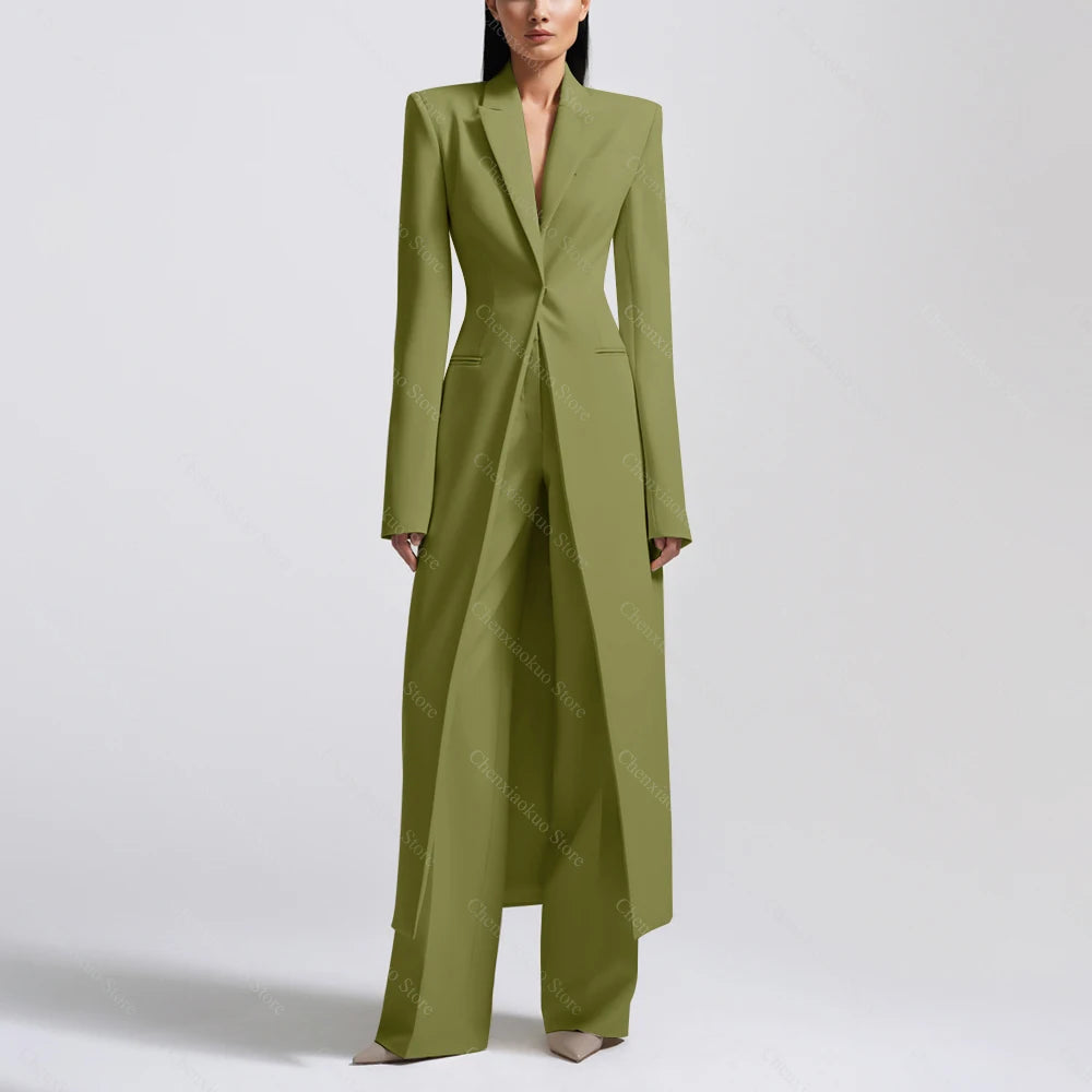 New Arrival Women Pants Sets Fashion Peak Lapel One Button Long Coat Office Lady Formal 2 Piece Solid Color Custom Suit Slim Fit