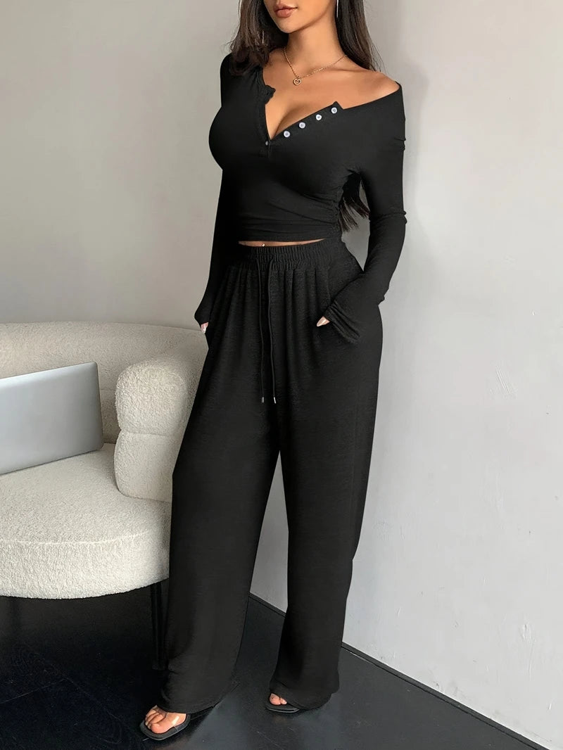 Trendy Solid Lounge Set Long-Sleeve Buttons Decor Top And Long Pants Cozy Fit Women's Homewear Casual Wear Can Be Worn Outdoor