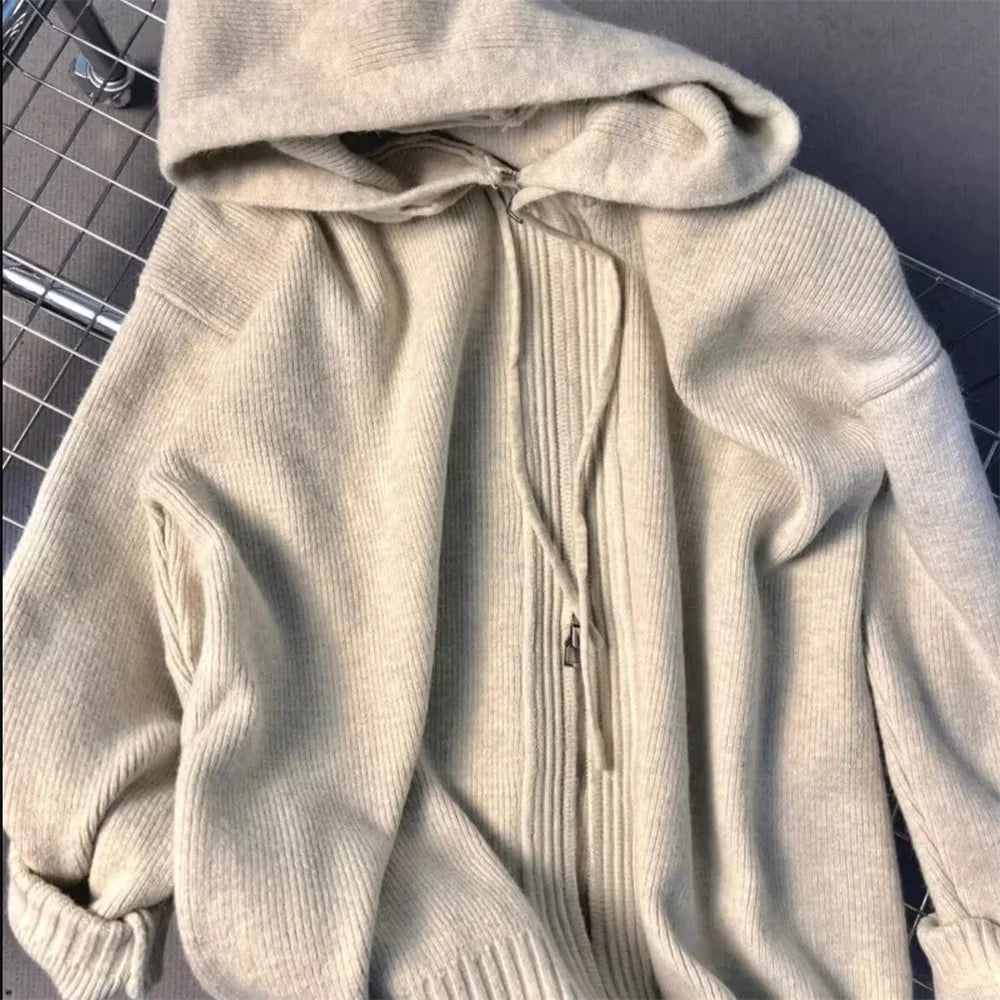Korean Gray Hood Sweater Outerwear Women Loose Spring Autumn and Winter Outdoor Thickened Knitted Double Zipper Hoodie Coats