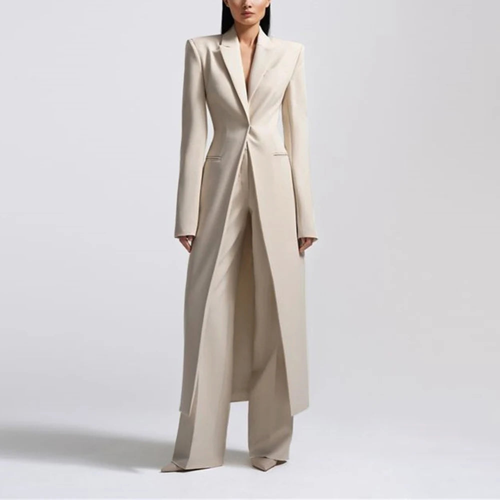 New Arrival Women Pants Sets Fashion Peak Lapel One Button Long Coat Office Lady Formal 2 Piece Solid Color Custom Suit Slim Fit
