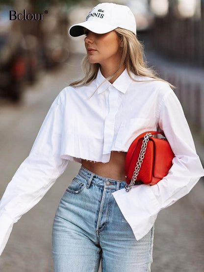 Bclout Fashion White Crop Tops Women 2023 Blouses Elegant Flare Sleeve Asymmetry Black Shirts Blouses Streetwear Sexy Top Spring