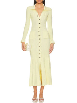 Temperament Elegant Stretch Slim Knit Womens dresses Cream V-neck Long Sleeve Single Breasted Long Dress 2024 Summer New