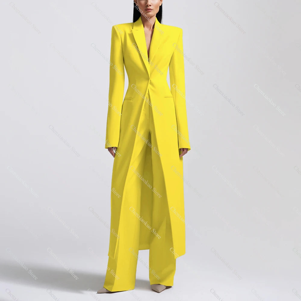 New Arrival Women Pants Sets Fashion Peak Lapel One Button Long Coat Office Lady Formal 2 Piece Solid Color Custom Suit Slim Fit