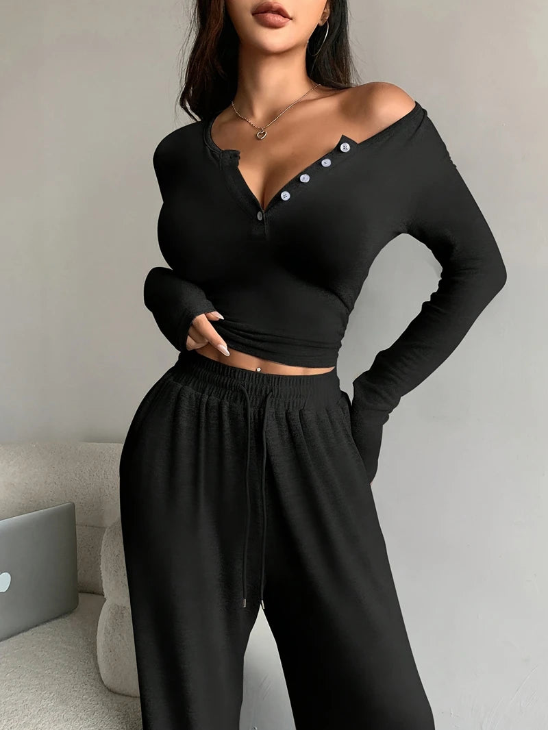 Trendy Solid Lounge Set Long-Sleeve Buttons Decor Top And Long Pants Cozy Fit Women's Homewear Casual Wear Can Be Worn Outdoor