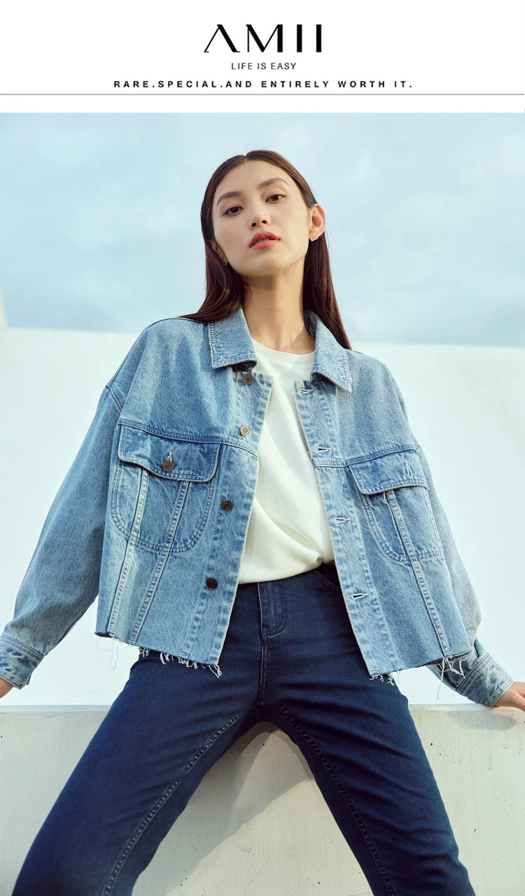 AMII Minimalism Streetwear Women Denim Coat 2023 Autumn Short Top New Loose Turn-down Collar Retro Female Clothing 12323079