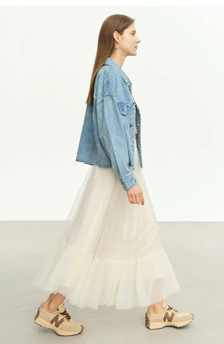 AMII Minimalism Streetwear Women Denim Coat 2023 Autumn Short Top New Loose Turn-down Collar Retro Female Clothing 12323079