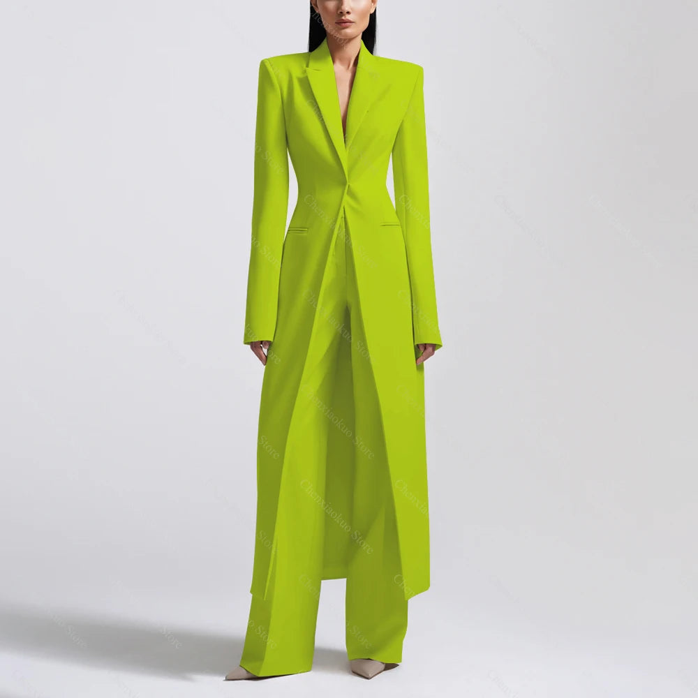 New Arrival Women Pants Sets Fashion Peak Lapel One Button Long Coat Office Lady Formal 2 Piece Solid Color Custom Suit Slim Fit