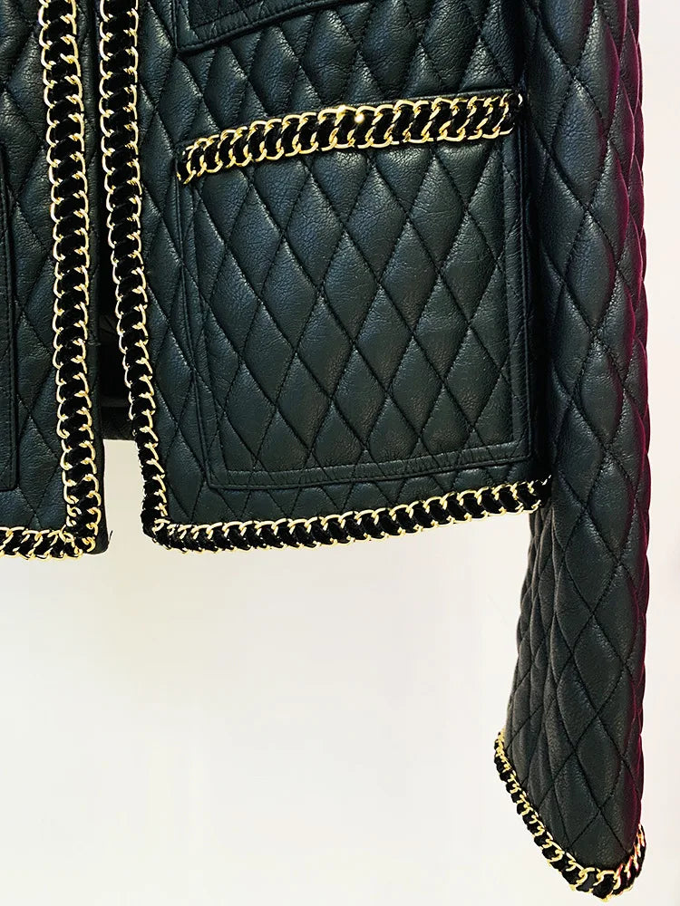Gold Chain Edge Decoration Grid Faux Leather Jacket Cardigan Coat Blazer Black Mini Skirt Outfit Women Short Jacket
