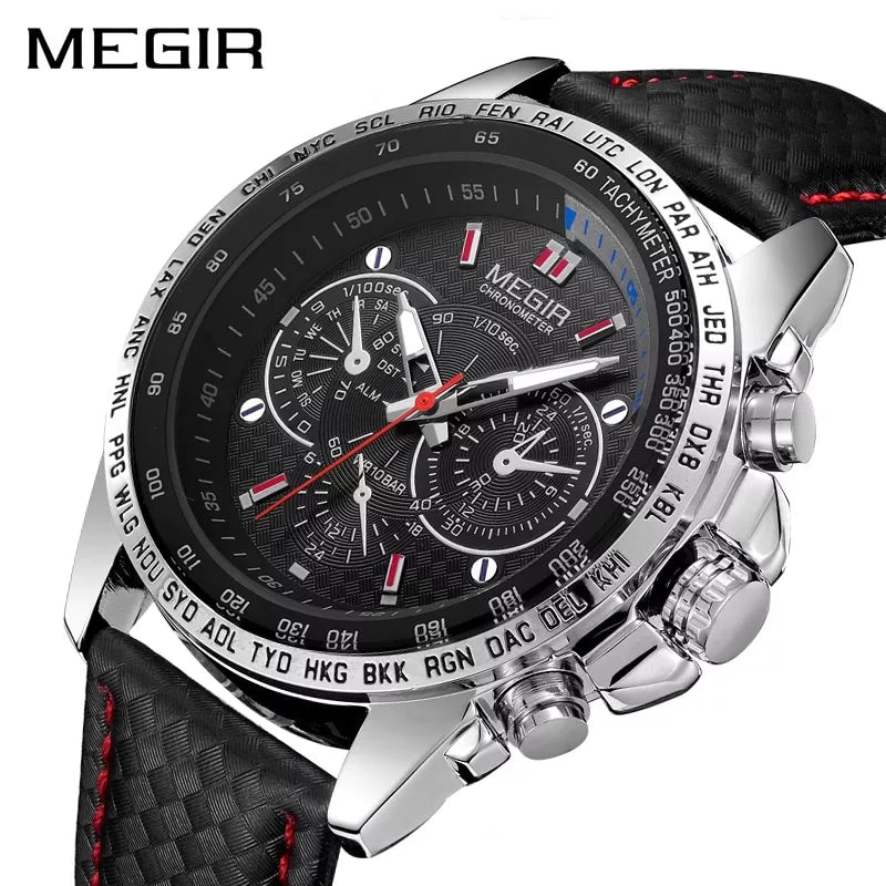 MEGIR Sport Mens Watches Top Brand Luxury Quartz Men Watch Fashion Casual Black PU Strap Clock Men Big Dial Erkek Saat 1010