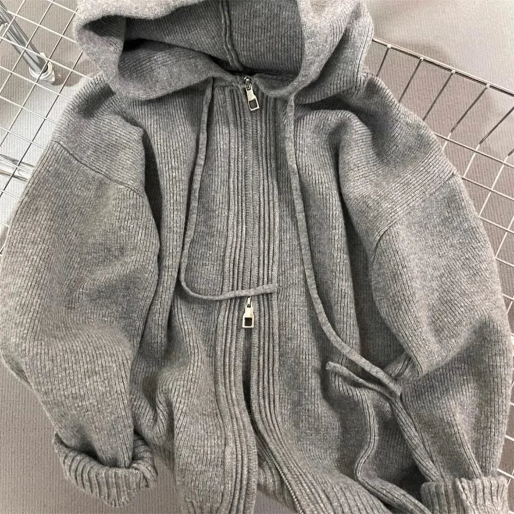 Korean Gray Hood Sweater Outerwear Women Loose Spring Autumn and Winter Outdoor Thickened Knitted Double Zipper Hoodie Coats
