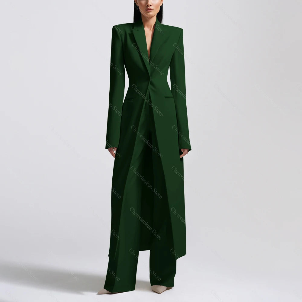 New Arrival Women Pants Sets Fashion Peak Lapel One Button Long Coat Office Lady Formal 2 Piece Solid Color Custom Suit Slim Fit