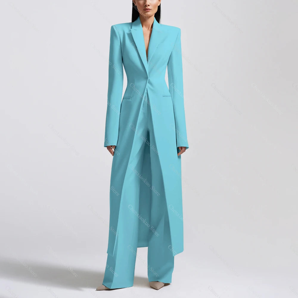 New Arrival Women Pants Sets Fashion Peak Lapel One Button Long Coat Office Lady Formal 2 Piece Solid Color Custom Suit Slim Fit
