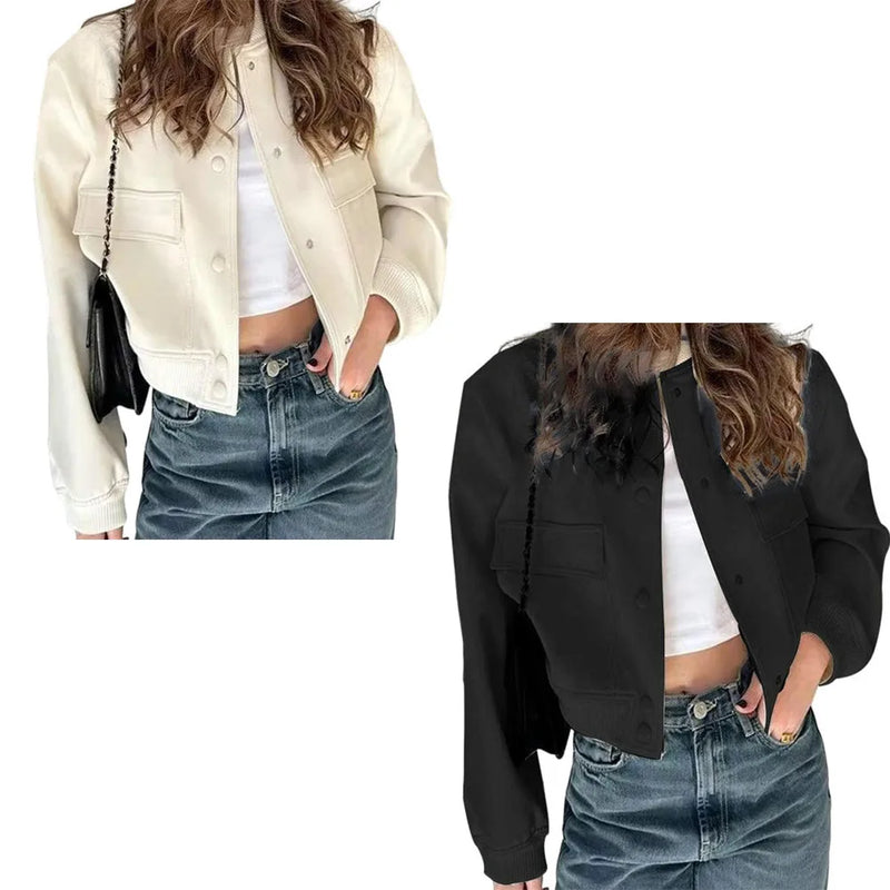 Women's Bomber Jackets Casual Long Sleeve Button Down Solid Color Cropped Varsity Coat With Pockets Female Clothing