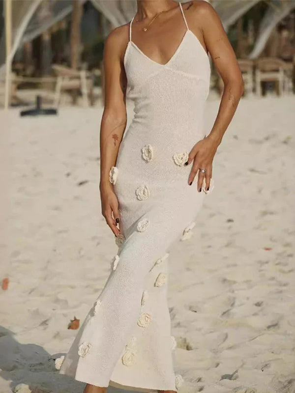 Elegant 3D Flower Knitted Long Dress Women Deep V-neck Spaghetti Strap Backless Sleeveless Beach Dresses 2025 Summer Lady Robes