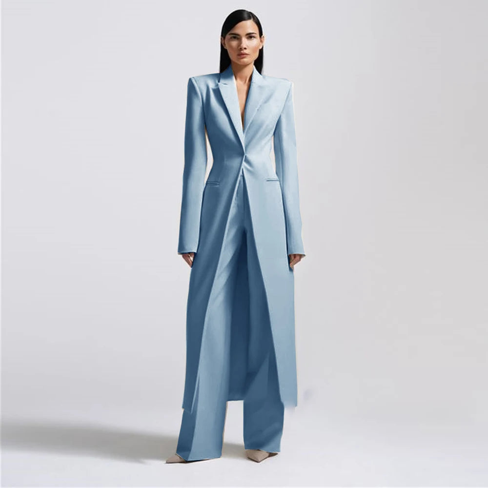 New Arrival Women Pants Sets Fashion Peak Lapel One Button Long Coat Office Lady Formal 2 Piece Solid Color Custom Suit Slim Fit