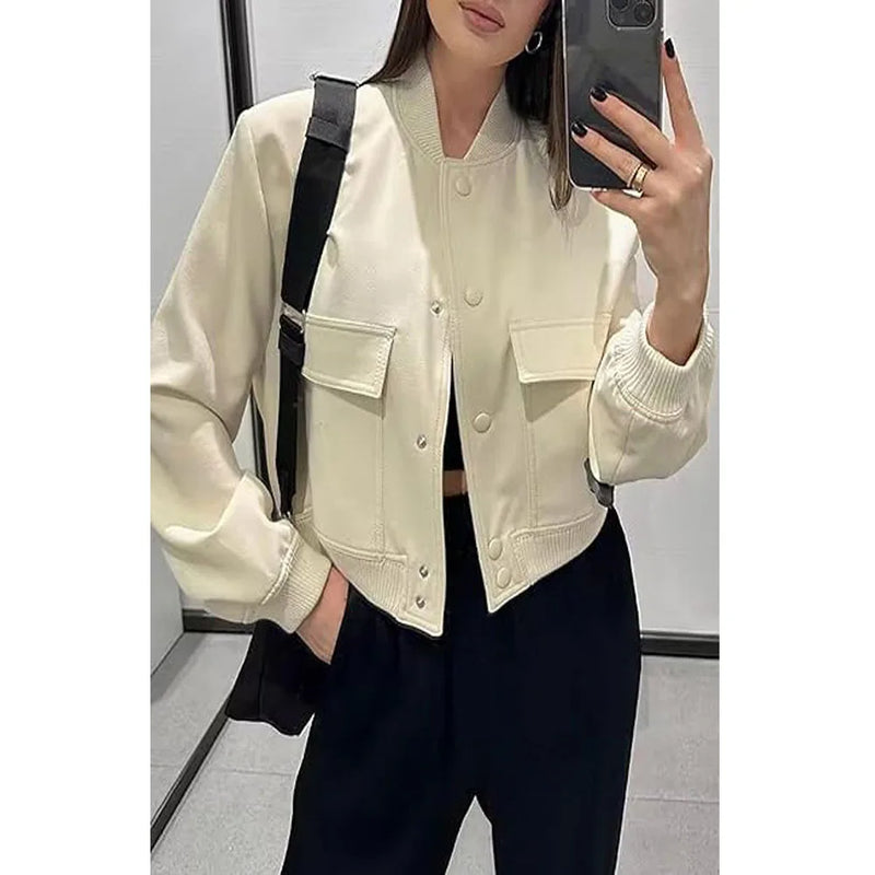 Women's Bomber Jackets Casual Long Sleeve Button Down Solid Color Cropped Varsity Coat With Pockets Female Clothing