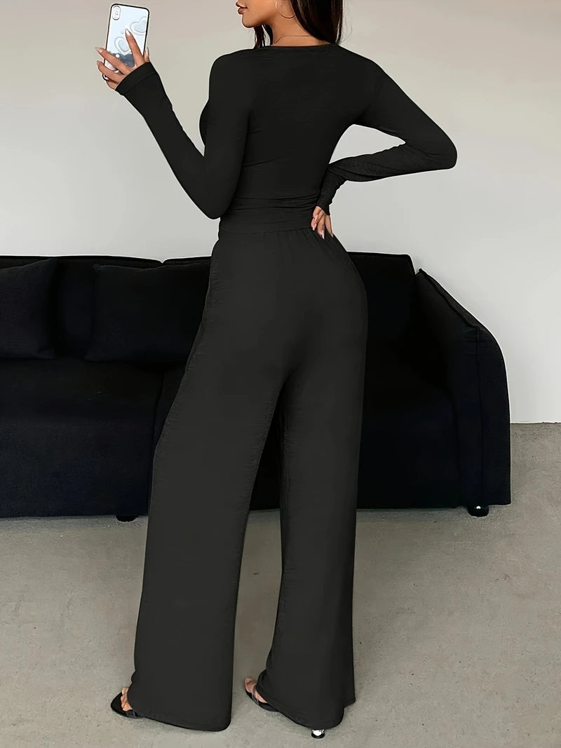 Trendy Solid Lounge Set Long-Sleeve Buttons Decor Top And Long Pants Cozy Fit Women's Homewear Casual Wear Can Be Worn Outdoor