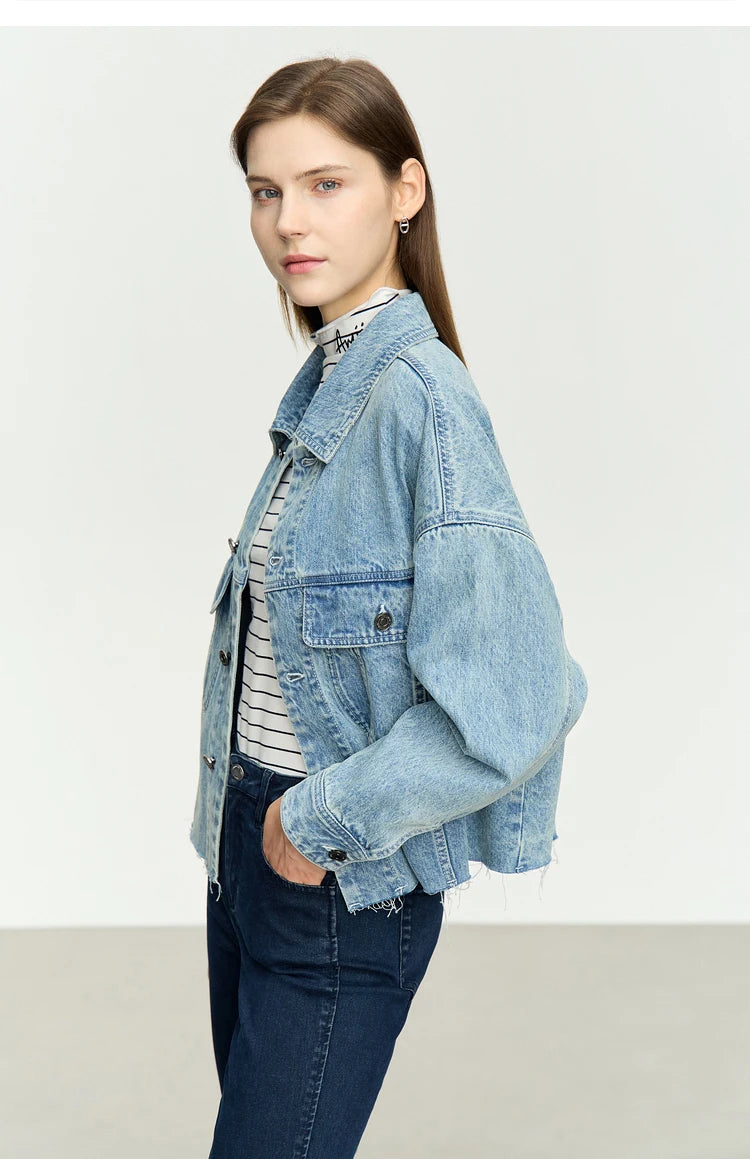AMII Minimalism Streetwear Women Denim Coat 2023 Autumn Short Top New Loose Turn-down Collar Retro Female Clothing 12323079