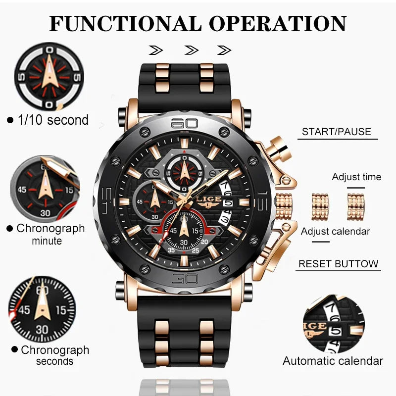 LIGE Top Brand Luxury Casual Sport Watch Creative Chronograph Silicone Strap Date Luminous Waterproof Big Men Watches Male Clock