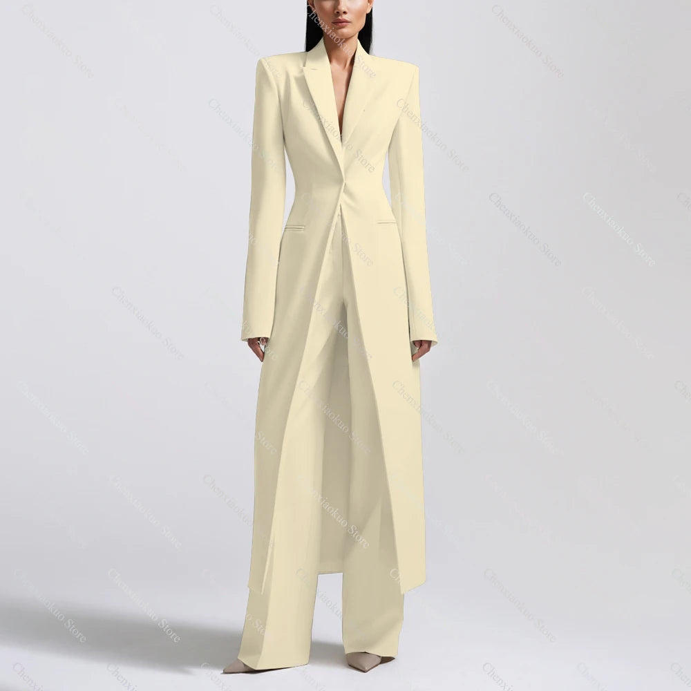 New Arrival Women Pants Sets Fashion Peak Lapel One Button Long Coat Office Lady Formal 2 Piece Solid Color Custom Suit Slim Fit