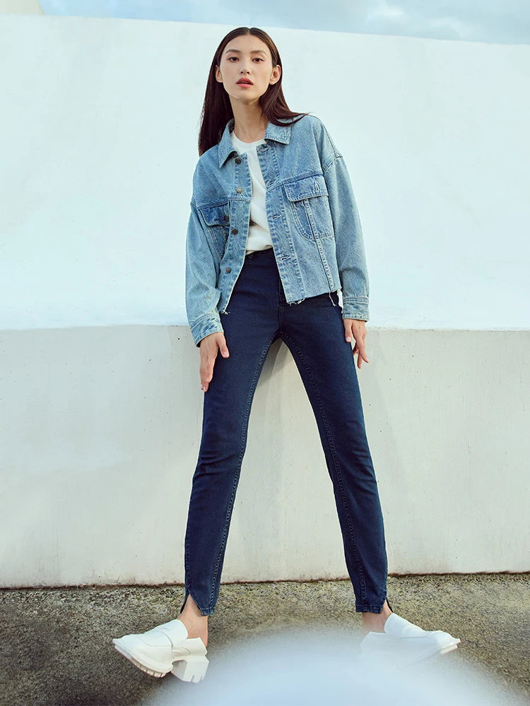 AMII Minimalism Streetwear Women Denim Coat 2023 Autumn Short Top New Loose Turn-down Collar Retro Female Clothing 12323079