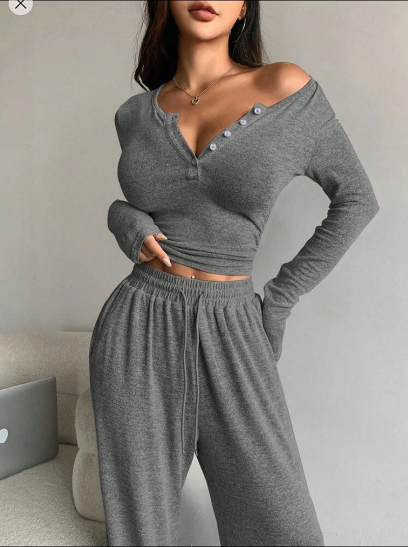 Trendy Solid Lounge Set Long-Sleeve Buttons Decor Top And Long Pants Cozy Fit Women's Homewear Casual Wear Can Be Worn Outdoor