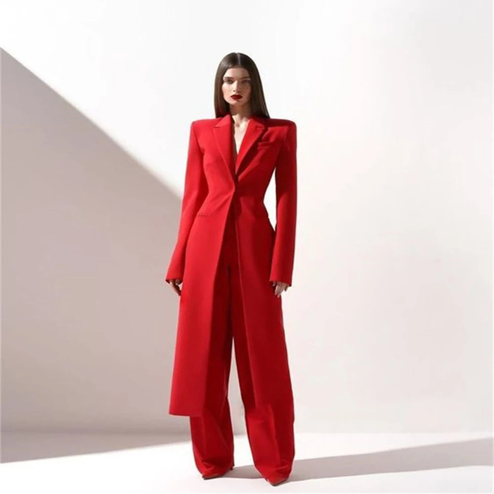 New Arrival Women Pants Sets Fashion Peak Lapel One Button Long Coat Office Lady Formal 2 Piece Solid Color Custom Suit Slim Fit
