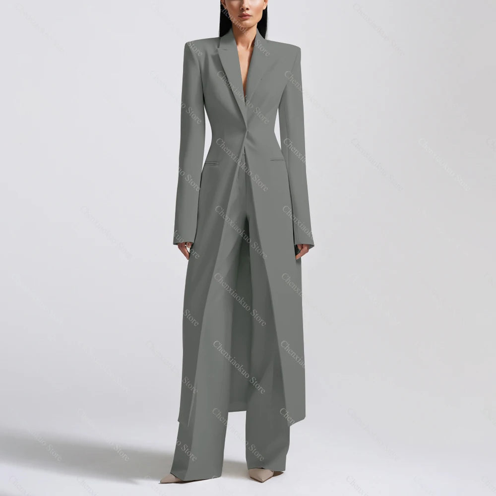 New Arrival Women Pants Sets Fashion Peak Lapel One Button Long Coat Office Lady Formal 2 Piece Solid Color Custom Suit Slim Fit