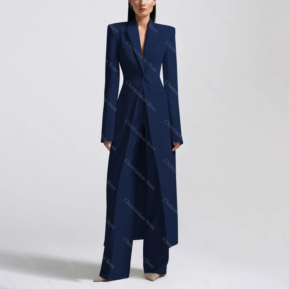 New Arrival Women Pants Sets Fashion Peak Lapel One Button Long Coat Office Lady Formal 2 Piece Solid Color Custom Suit Slim Fit