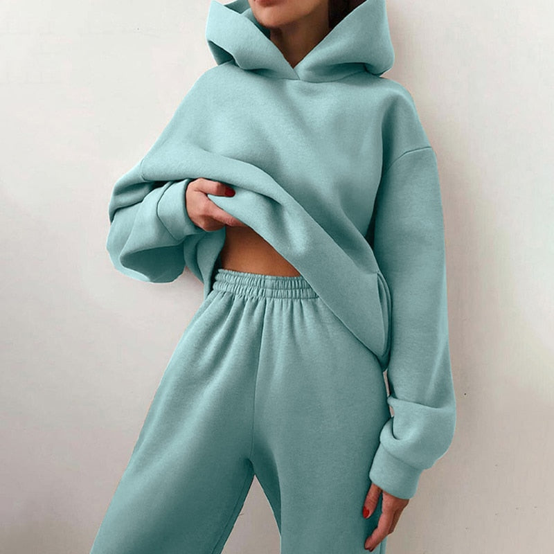 Women's Tracksuit, Autumn Fashion Warm Hoodie Sweatshirts Two Pieces Oversized Solid Casual Hoody Pullovers Long Pant Sets