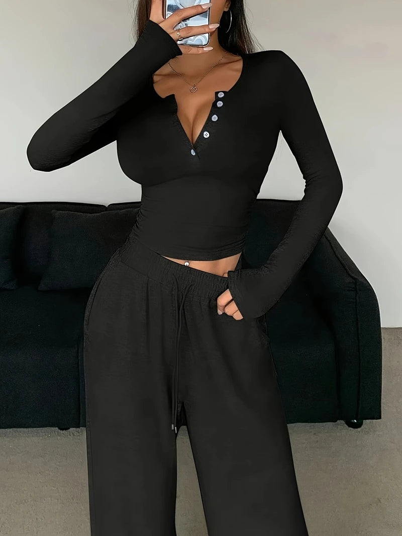 Trendy Solid Lounge Set Long-Sleeve Buttons Decor Top And Long Pants Cozy Fit Women's Homewear Casual Wear Can Be Worn Outdoor