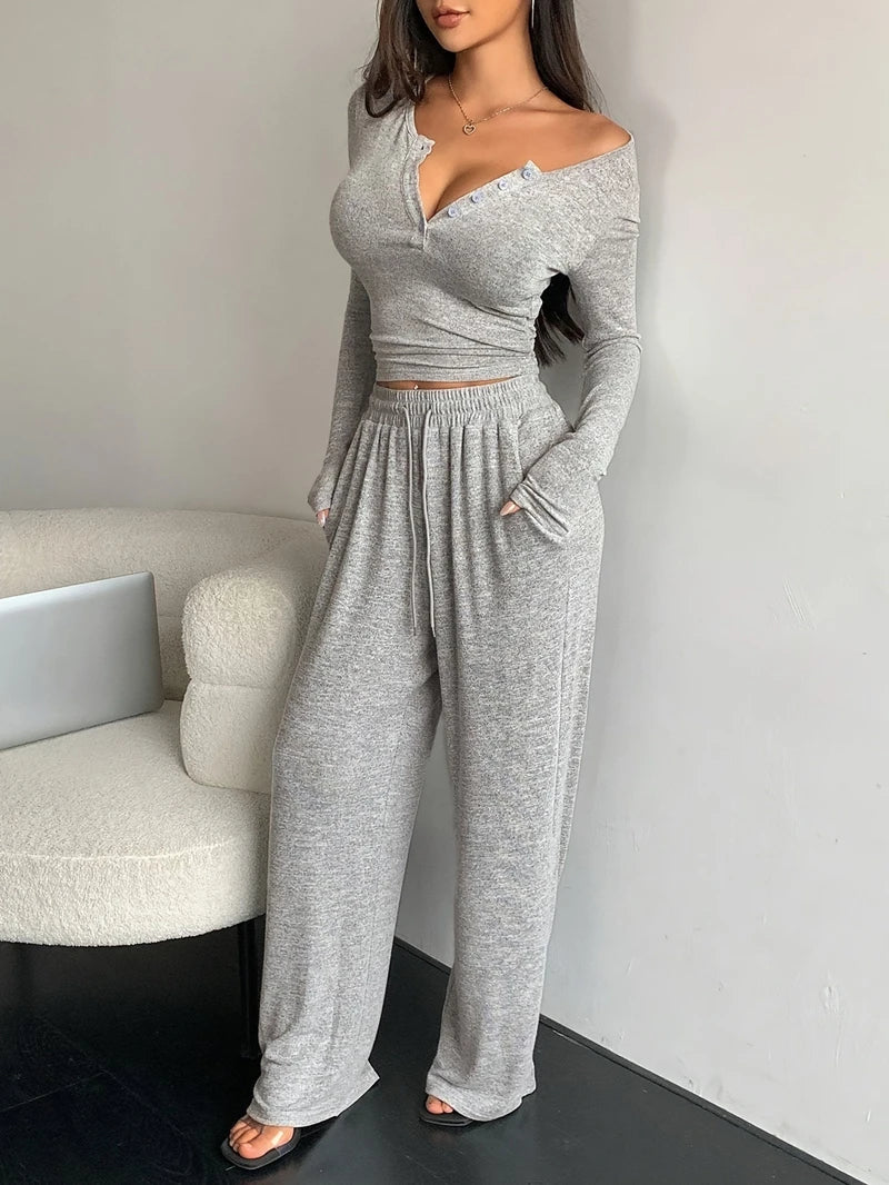 Trendy Solid Lounge Set Long-Sleeve Buttons Decor Top And Long Pants Cozy Fit Women's Homewear Casual Wear Can Be Worn Outdoor