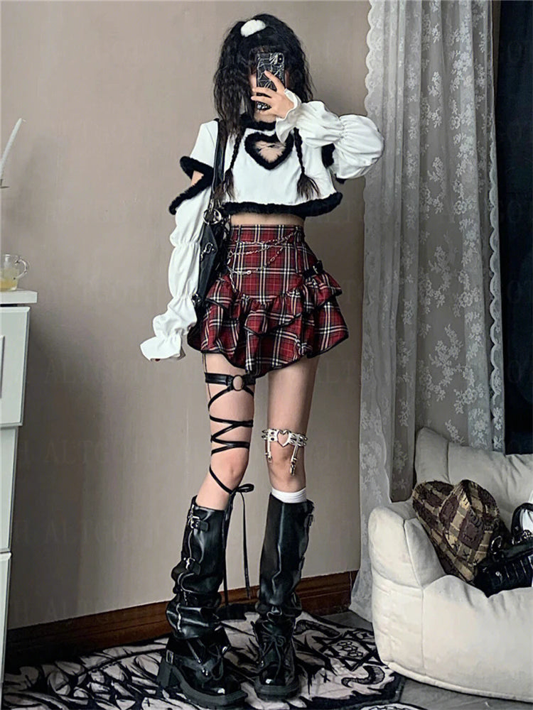 AltGoth Punk Gothic Red Plaid Skirt Women Vintage Y2k E-girl Emo Alt High Waist Cake Skirt Harajuku Fairycore Grunge Clubwear